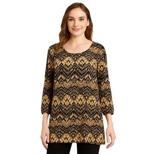 SUSAN GRAVER Abstract Print Blouse Womens Plus 1X Brown Black Sheer Tunic Top